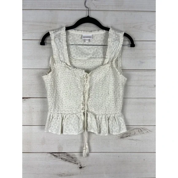 Shyanne Tank Top Womens Small White Embroidered Smocked Lace Up Ruffle Hem Boho - Picture 1 of 6